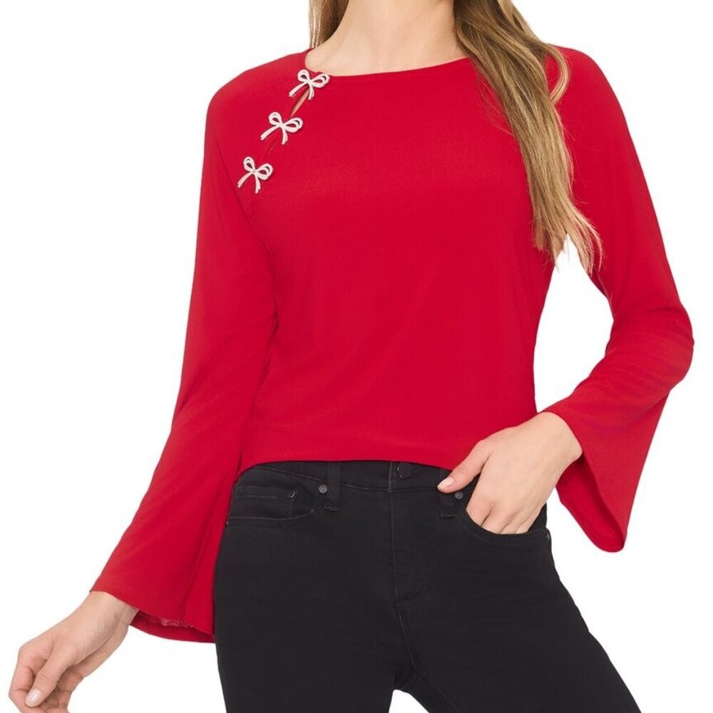 NWT CeCe Women's Bow Placket Blouse - Red - Picture 5 of 5